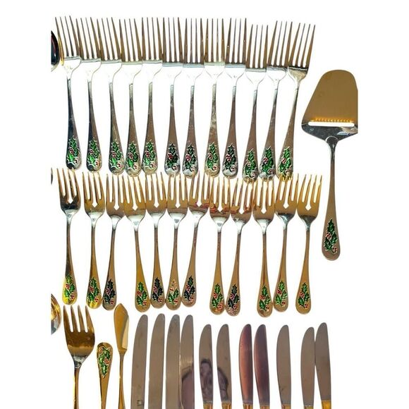 SET OF 51 JAPAN STAINLESS STEEL GOLD TONE HOLLY CHRISTMAS UTENSILS FLATWARE - Picture 3 of 5